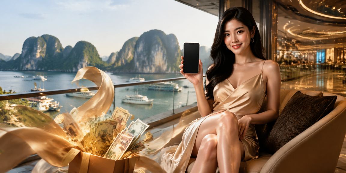 Người chơi kiểm tra hoàn tiền cashback bonus trên điện thoại với khung cảnh vịnh Hạ Long