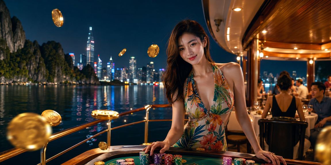 Người chơi tận hưởng trải nghiệm cá cược trực tuyến với khung cảnh vịnh Hạ Long tuyệt đẹp phía sau