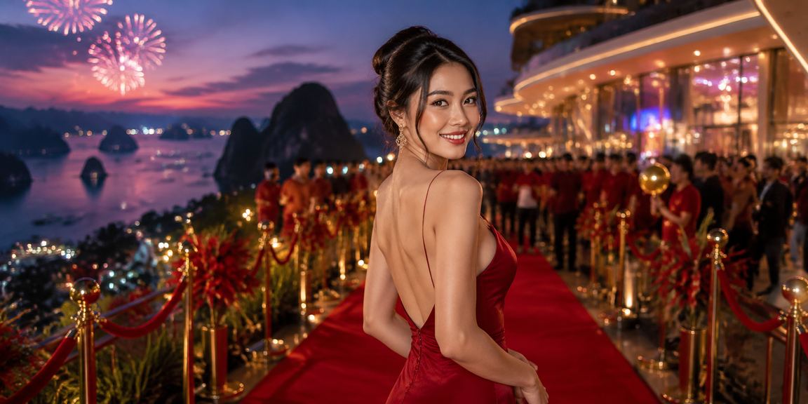 Quang cảnh lễ hội Tết rực rỡ bên vịnh Hạ Long với ánh đèn soi bóng mặt nước