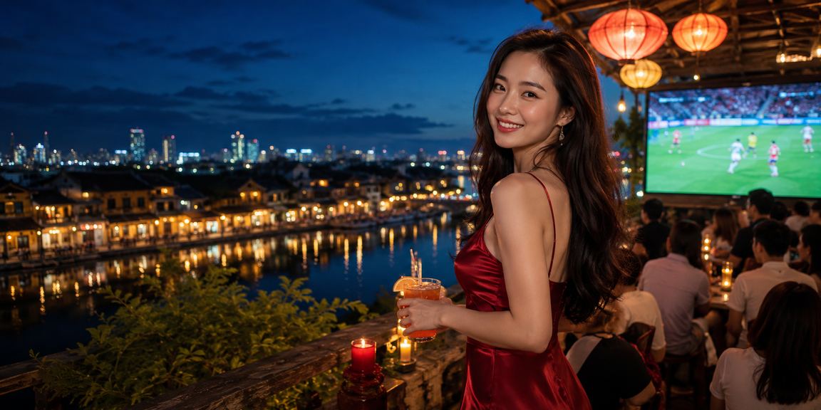 Người dùng xem kèo bóng đá và khuyến mãi sf4c tại quán cà phê phố cổ Hội An