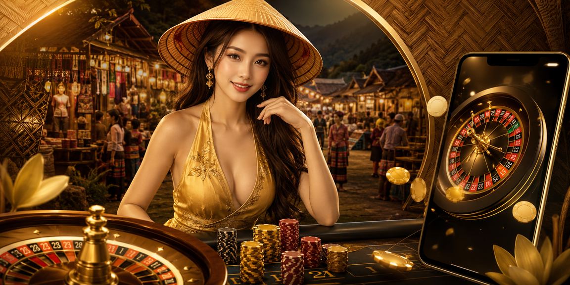 Người phụ nữ đội nón lá tham gia trò chơi roulette casino phong cách Sapa đêm neon